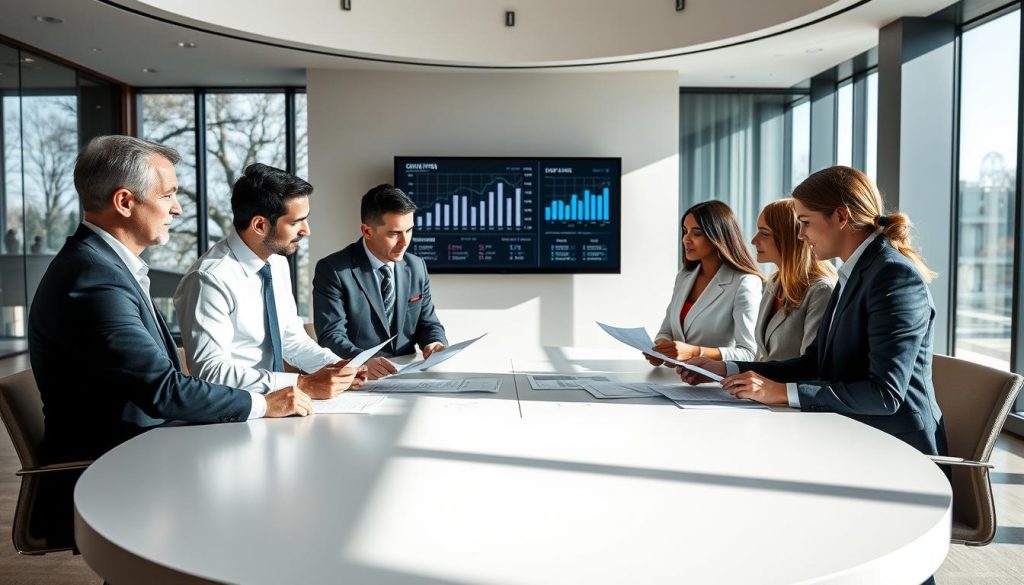A modern bank office interior with a large round table at the center, surrounded by professionals in business attire engaged in a serious discussion. In the foreground, a diverse group of four individuals (two men and two women) are examining financial reports and sharing ideas, emanating a sense of collaboration and authority. The middle section features a sleek digital screen displaying graphs and statistics related to banking decisions. The background shows large windows allowing natural light to pour in, creating a bright and professional atmosphere. Soft shadows enhance the realism, while a slight depth of field keeps focus on the table's discussion. The overall mood conveys seriousness, collaboration, and the weight of decision-making within banking contexts.
