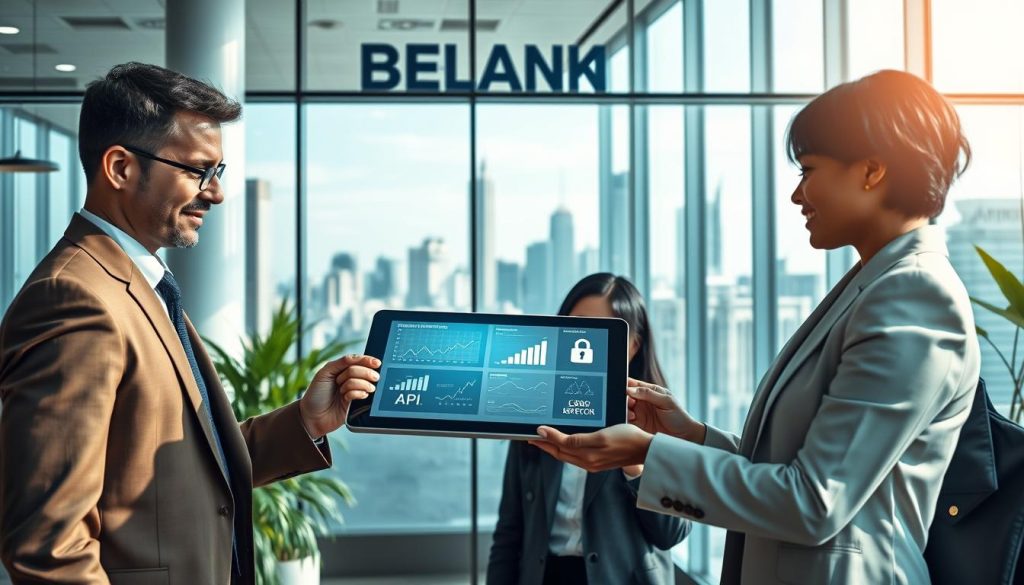 A modern banking environment illustrating "Open Banking" through a collaborative scene. In the foreground, a diverse group of professionals in formal business attire—two men and two women—are engaged in a discussion around a digital tablet displaying financial graphs and APIs. In the middle ground, a sleek, digitally-rendered bank office features glass walls, greenery, and tech elements showcasing open banking concepts such as data sharing, security protocols, and fintech icons. The background reveals a bustling city skyline through large windows, symbolizing growth and innovation. Soft, natural lighting filters in, creating a bright, optimistic atmosphere. The image is shot from a slightly elevated angle to capture the collaboration and energy of the setting. A modern banking environment illustrating "Open Banking" through a collaborative scene. In the foreground, a diverse group of professionals in formal business attire—two men and two women—are engaged in a discussion around a digital tablet displaying financial graphs and APIs. In the middle ground, a sleek, digitally-rendered bank office features glass walls, greenery, and tech elements showcasing open banking concepts such as data sharing, security protocols, and fintech icons. The background reveals a bustling city skyline through large windows, symbolizing growth and innovation. Soft, natural lighting filters in, creating a bright, optimistic atmosphere. The image is shot from a slightly elevated angle to capture the collaboration and energy of the setting.