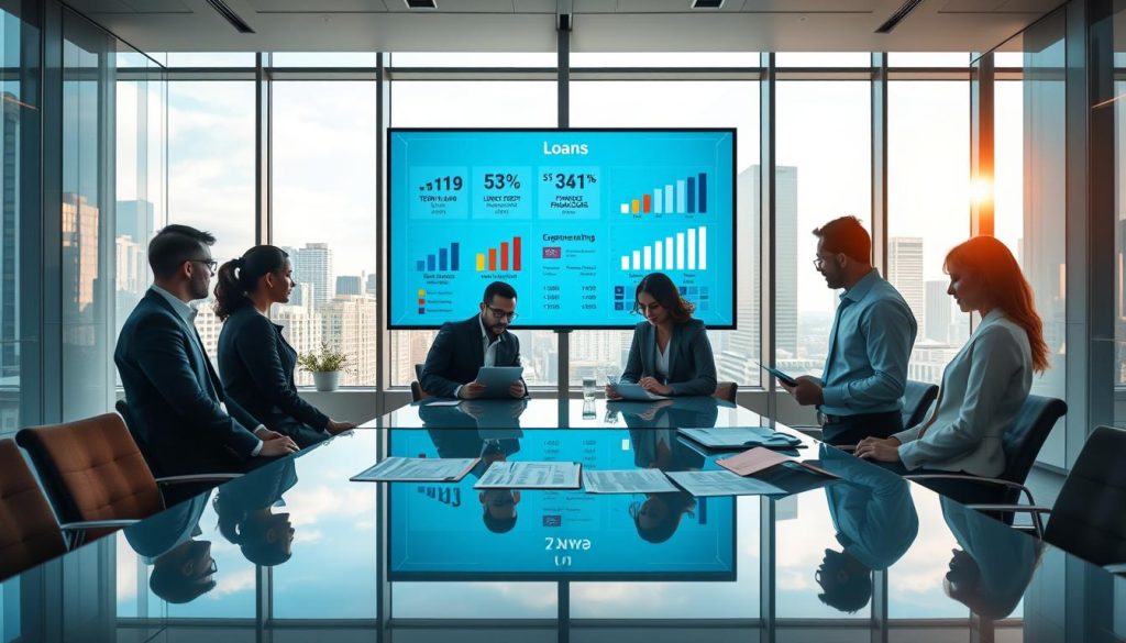 A modern business office interior illustrating the concept of corporate loans. In the foreground, a sleek, glass conference table is surrounded by diverse professionals in formal attire, engaged in discussion over financial documents. In the middle ground, a large screen displays various types of loan products, such as graphs and charts indicating different financing options, including term loans, lines of credit, and equipment financing. The background features a city skyline visible through large windows with natural light streaming in, creating an atmosphere of professionalism and opportunity. The setting is meticulously organized, emphasizing a blend of innovation and tradition in business.