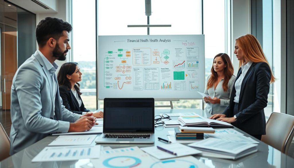 A modern corporate office environment with a focus on financial health analysis. In the foreground, a diverse group of three professionals—one man and two women—dressed in smart business attire, are engaged in a serious discussion around a large conference table scattered with financial documents, charts, and a laptop displaying graphs. The middle of the scene features a large whiteboard filled with colorful flowcharts and notes on business financial health assessment. The background shows a sleek office space with large windows allowing natural light to flood in, creating a bright and optimistic atmosphere. The composition is shot from a slightly elevated angle, conveying a sense of professionalism and collaboration, while the overall mood is focused and analytical, reflecting the theme of evaluating business conditions before loan applications.