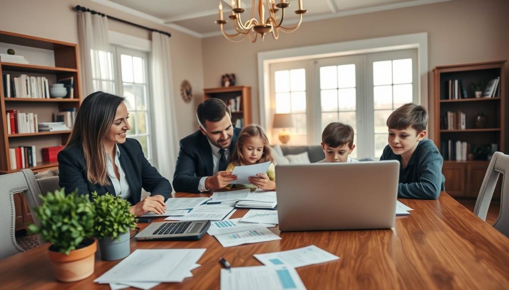 A modern, cozy home interior reflecting a discussion about mortgage refinancing. In the foreground, a family of four—parents in professional business attire, children casually dressed—are gathered around a dining table, reviewing financial documents and calculators. The middle ground features an elegant wooden table cluttered with paperwork, a laptop displaying graphs, and a potted plant for a touch of nature. The background shows a warm, inviting living space with soft lighting from an overhead chandelier, a bookshelf filled with financial literature, and a large window letting in natural light. The atmosphere is focused and collaborative, conveying a sense of determination and clarity in financial decision-making. A modern, cozy home interior reflecting a discussion about mortgage refinancing. In the foreground, a family of four—parents in professional business attire, children casually dressed—are gathered around a dining table, reviewing financial documents and calculators. The middle ground features an elegant wooden table cluttered with paperwork, a laptop displaying graphs, and a potted plant for a touch of nature. The background shows a warm, inviting living space with soft lighting from an overhead chandelier, a bookshelf filled with financial literature, and a large window letting in natural light. The atmosphere is focused and collaborative, conveying a sense of determination and clarity in financial decision-making.