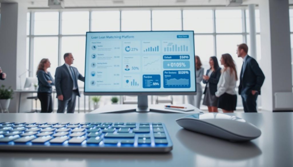 A modern digital loan matching platform interface displayed on a large computer screen in an airy office environment. In the foreground, the sleek keyboard and mouse reflect a bright LED light, hinting at an engaging user experience. The middle ground features a diverse group of professionals in business attire, intently discussing various loan options, with charts and graphs showcasing interest rates and borrower profiles on the screen. In the background, large windows allow natural light to flood the room, enhancing a sense of transparency and openness. The overall atmosphere is one of collaboration and innovation, symbolizing the important function of understanding loan matching platforms in today's financial landscape. Soft blue and white tones dominate the color palette, creating a calm yet focused mood. A modern digital loan matching platform interface displayed on a large computer screen in an airy office environment. In the foreground, the sleek keyboard and mouse reflect a bright LED light, hinting at an engaging user experience. The middle ground features a diverse group of professionals in business attire, intently discussing various loan options, with charts and graphs showcasing interest rates and borrower profiles on the screen. In the background, large windows allow natural light to flood the room, enhancing a sense of transparency and openness. The overall atmosphere is one of collaboration and innovation, symbolizing the important function of understanding loan matching platforms in today's financial landscape. Soft blue and white tones dominate the color palette, creating a calm yet focused mood.