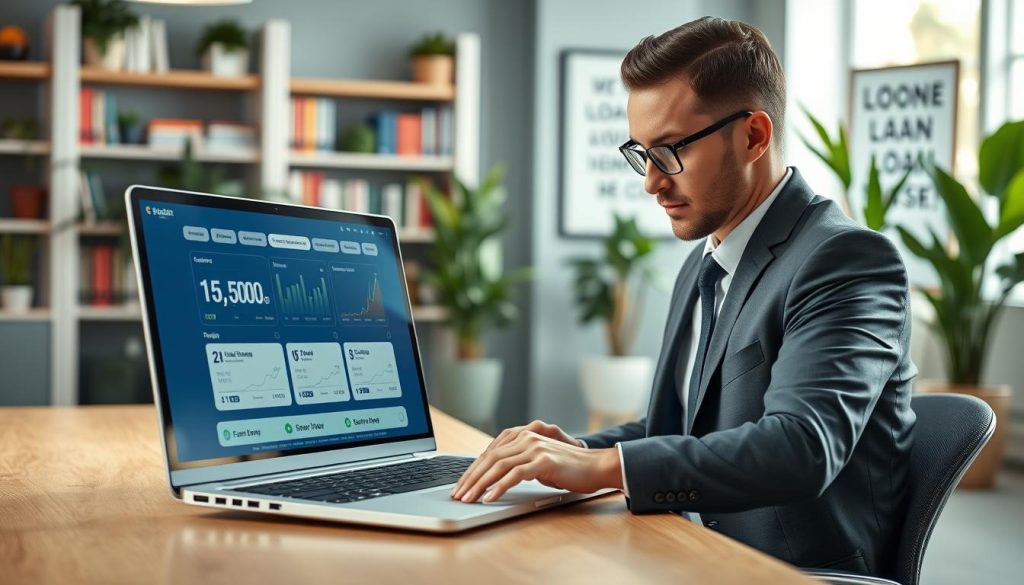 A modern, digital loan matching platform interface displayed on a sleek laptop stationed on a professional desk. The foreground features a focused business professional in smart attire, engaged with the platform, showing a screen with graphs and loan options, emphasizing accessibility. In the middle ground, a vibrant, well-lit office environment with plants and soft lighting creates a welcoming atmosphere. In the background, blurred elements of a contemporary workspace, such as shelves filled with finance books and a motivational poster. The scene should evoke a sense of trust and innovation in financial services. Use a crisp, clean lens for clarity, enhancing the professional yet inviting mood.