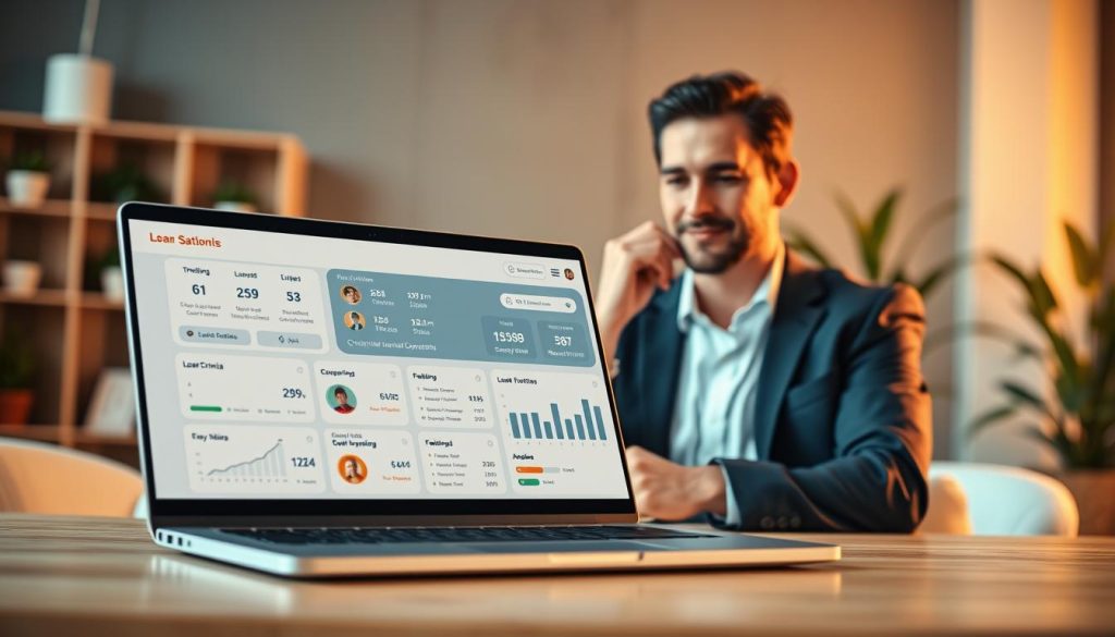 A modern digital matchmaking platform interface showcasing loan options. In the foreground, depict a sleek laptop displaying an interactive dashboard filled with user-friendly icons and charts, illustrating various loan criteria and options. In the middle ground, include a confident individual in professional business attire, analyzing the data with a thoughtful expression, symbolizing the decision-making process. The background features a softly lit, contemporary office space, with blurred shelves and plants, creating a professional yet inviting atmosphere. Use warm, natural lighting to enhance focus on the subject and the laptop screen, and employ a slightly elevated angle to capture the entire scene, conveying a sense of clarity and purpose. The mood is thoughtful and optimistic, emphasizing the importance of informed financial decisions. A modern digital matchmaking platform interface showcasing loan options. In the foreground, depict a sleek laptop displaying an interactive dashboard filled with user-friendly icons and charts, illustrating various loan criteria and options. In the middle ground, include a confident individual in professional business attire, analyzing the data with a thoughtful expression, symbolizing the decision-making process. The background features a softly lit, contemporary office space, with blurred shelves and plants, creating a professional yet inviting atmosphere. Use warm, natural lighting to enhance focus on the subject and the laptop screen, and employ a slightly elevated angle to capture the entire scene, conveying a sense of clarity and purpose. The mood is thoughtful and optimistic, emphasizing the importance of informed financial decisions.