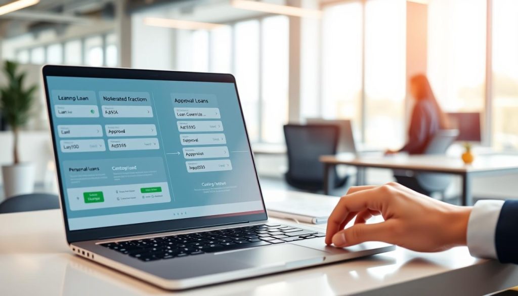 A modern digital workspace showcasing an online personal loan process. In the foreground, a laptop displaying a user-friendly interface with loan application forms and approval notifications. A hand, clad in professional attire, is interacting with the screen, symbolizing user engagement. In the middle ground, include a sleek desk decorated with a smartphone and financial documents, representing the ease of accessing financial services online. The background reveals a bright, airy office space with large windows allowing natural light to flood in, creating a warm and inviting atmosphere. Use a soft focus effect on the background to emphasize the foreground, capturing a sense of professionalism and modernity in the lending process. The overall mood should be optimistic and efficient, highlighting the seamless, fully online nature of personal loans. A modern digital workspace showcasing an online personal loan process. In the foreground, a laptop displaying a user-friendly interface with loan application forms and approval notifications. A hand, clad in professional attire, is interacting with the screen, symbolizing user engagement. In the middle ground, include a sleek desk decorated with a smartphone and financial documents, representing the ease of accessing financial services online. The background reveals a bright, airy office space with large windows allowing natural light to flood in, creating a warm and inviting atmosphere. Use a soft focus effect on the background to emphasize the foreground, capturing a sense of professionalism and modernity in the lending process. The overall mood should be optimistic and efficient, highlighting the seamless, fully online nature of personal loans.
