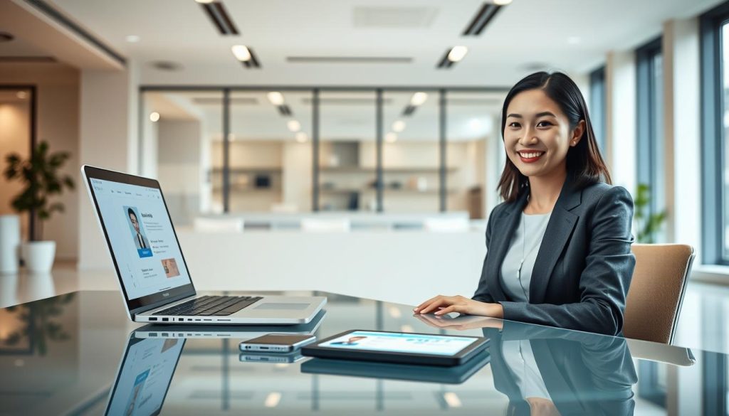 A modern digital workspace showcasing the concept of online identity verification for personal loans in Taiwan. In the foreground, a professional-looking Asian woman in smart business attire is sitting at a sleek desk with a laptop open, displaying a virtual verification interface. The middle ground features a clear surface with a smartphone, ID card, and a digital signature pad, symbolizing the online process. The background reveals a bright, airy office with large windows, letting in natural light that highlights the technology. The atmosphere is optimistic and professional, evoking a sense of efficiency and modernity in financial services, capturing the essence of online transaction feasibility in a sleek and engaging manner. A modern digital workspace showcasing the concept of online identity verification for personal loans in Taiwan. In the foreground, a professional-looking Asian woman in smart business attire is sitting at a sleek desk with a laptop open, displaying a virtual verification interface. The middle ground features a clear surface with a smartphone, ID card, and a digital signature pad, symbolizing the online process. The background reveals a bright, airy office with large windows, letting in natural light that highlights the technology. The atmosphere is optimistic and professional, evoking a sense of efficiency and modernity in financial services, capturing the essence of online transaction feasibility in a sleek and engaging manner.