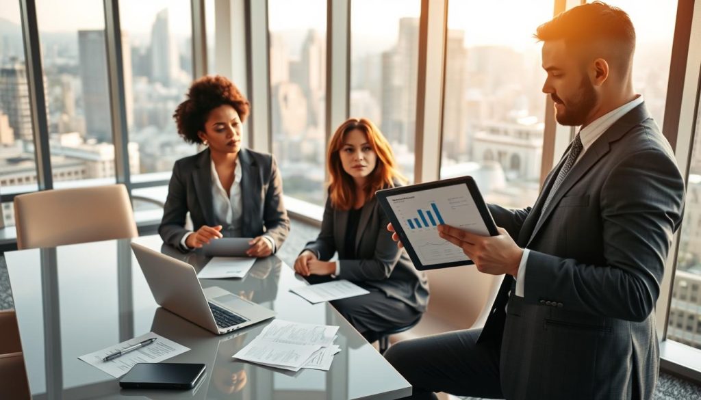 A modern financial office environment, showcasing a diverse group of three professionals engaged in a discussion about mortgage refinancing, particularly the concept of increasing home loans. In the foreground, a male financial advisor in a tailored suit holds a tablet, pointing to graphs displaying financial data. A female client in business attire sits across the table, looking thoughtful, while a male colleague reviews documents. The middle layer includes a sleek, contemporary conference table with a laptop and paperwork scattered about. The background features large windows with a city skyline view, allowing natural light to flood the room, creating a bright and optimistic atmosphere. Soft, warm lighting enhances the sense of collaboration and professionalism, while a lens focus captures the engaged expressions on the individuals’ faces. A modern financial office environment, showcasing a diverse group of three professionals engaged in a discussion about mortgage refinancing, particularly the concept of increasing home loans. In the foreground, a male financial advisor in a tailored suit holds a tablet, pointing to graphs displaying financial data. A female client in business attire sits across the table, looking thoughtful, while a male colleague reviews documents. The middle layer includes a sleek, contemporary conference table with a laptop and paperwork scattered about. The background features large windows with a city skyline view, allowing natural light to flood the room, creating a bright and optimistic atmosphere. Soft, warm lighting enhances the sense of collaboration and professionalism, while a lens focus captures the engaged expressions on the individuals’ faces.