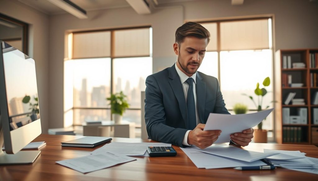 A modern financial office setting, showcasing a large wooden desk with a computer, financial documents, and a calculator scattered on it, symbolizing the process of loan approval. In the foreground, a professional in smart business attire is analyzing paperwork, looking focused and thoughtful. In the middle, a large window reveals a city skyline bathed in warm, natural light, casting soft shadows across the room. The background features a bookshelf filled with financial books and a house plant, adding a touch of life. The mood is one of professionalism and clarity, with a sense of determination as the individual navigates the complexities of estimating loan amounts and potential borrowing capacity. The composition should be well-lit, with a depth-of-field effect to highlight the subject while keeping the office environment in soft focus. A modern financial office setting, showcasing a large wooden desk with a computer, financial documents, and a calculator scattered on it, symbolizing the process of loan approval. In the foreground, a professional in smart business attire is analyzing paperwork, looking focused and thoughtful. In the middle, a large window reveals a city skyline bathed in warm, natural light, casting soft shadows across the room. The background features a bookshelf filled with financial books and a house plant, adding a touch of life. The mood is one of professionalism and clarity, with a sense of determination as the individual navigates the complexities of estimating loan amounts and potential borrowing capacity. The composition should be well-lit, with a depth-of-field effect to highlight the subject while keeping the office environment in soft focus.