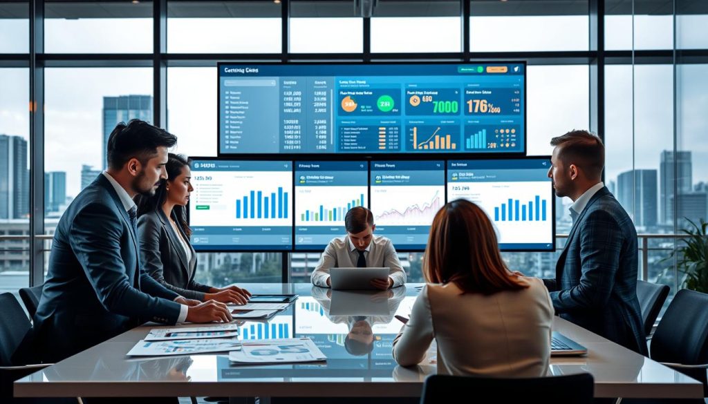 A modern financial setting depicting a "loan matching platform" concept. In the foreground, a diverse group of professionals in business attire is engaged in discussion around a sleek table, analyzing documents and digital devices showing loan statistics and graphs. In the middle, a futuristic interface displays various loan options and matching criteria on large screens. The background features a stylish office environment with glass walls, showcasing city skyline views, warm natural light casting soft shadows to create an inviting atmosphere. The scene conveys professionalism, collaboration, and trust in financial services. Emphasize clarity and focus on the tasks at hand, indicating the responsibilities and roles within the loan matching service.
