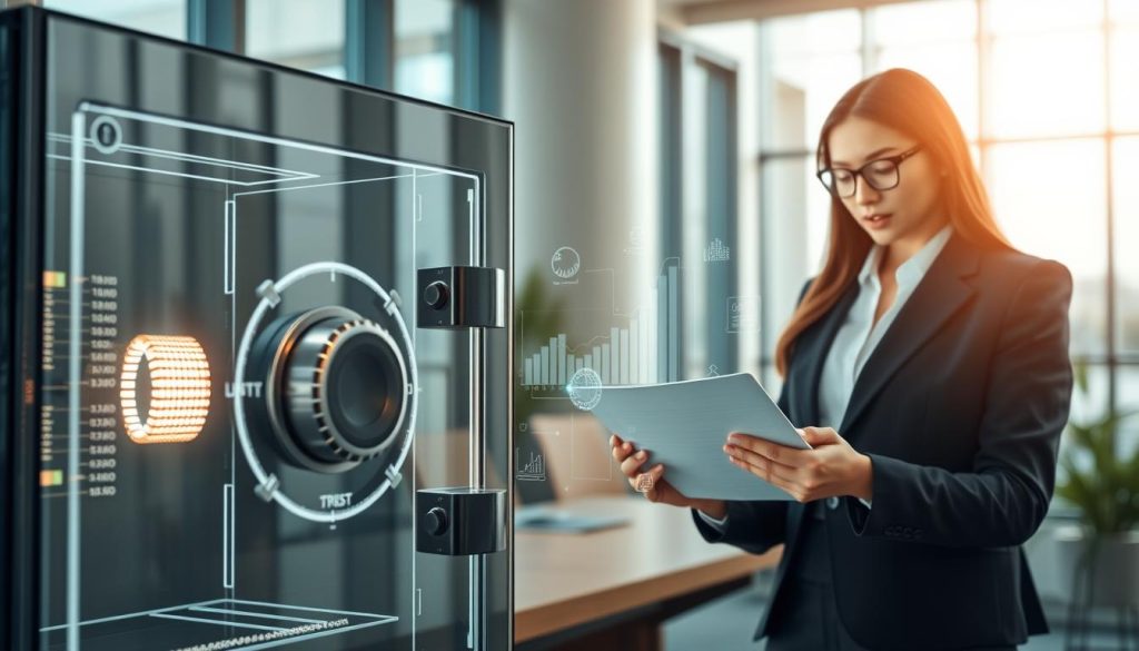 A modern financial setting showcasing a secure fund custody mechanism. In the foreground, a sleek, transparent glass safe with digital locks, visually representing trust and security. The middle ground features a confident businesswoman in professional attire, analyzing financial documents on a high-tech tablet, symbolizing diligence and safety in transactions. Surrounding her are subtle elements of a digital banking environment, such as holographic charts and data flow, suggesting collaboration between platforms and banks. The background includes a contemporary office with large windows letting in soft, warm natural light, creating an atmosphere of professionalism and reliability. The overall mood is one of trust and innovation, reflecting a strong foundation for transaction security. A modern financial setting showcasing a secure fund custody mechanism. In the foreground, a sleek, transparent glass safe with digital locks, visually representing trust and security. The middle ground features a confident businesswoman in professional attire, analyzing financial documents on a high-tech tablet, symbolizing diligence and safety in transactions. Surrounding her are subtle elements of a digital banking environment, such as holographic charts and data flow, suggesting collaboration between platforms and banks. The background includes a contemporary office with large windows letting in soft, warm natural light, creating an atmosphere of professionalism and reliability. The overall mood is one of trust and innovation, reflecting a strong foundation for transaction security.