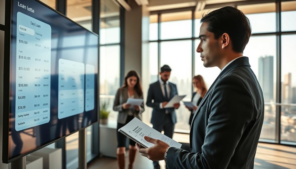 A modern financial technology office setting, focused on a sleek, digital loan platform interface displayed on a large touchscreen. In the foreground, a professional in business attire examines the interface, with expressions of focus and concern as they analyze costs. In the middle ground, a group of diverse professionals are discussing loan options over documents and a laptop, highlighting collaboration. In the background, large windows reveal a city skyline, bathed in natural daylight, creating an atmosphere of transparency. Utilize soft, warm lighting to enhance the inviting mood, and capture the scene with a slightly elevated angle to emphasize the dynamic interaction between the subjects and the digital platform.