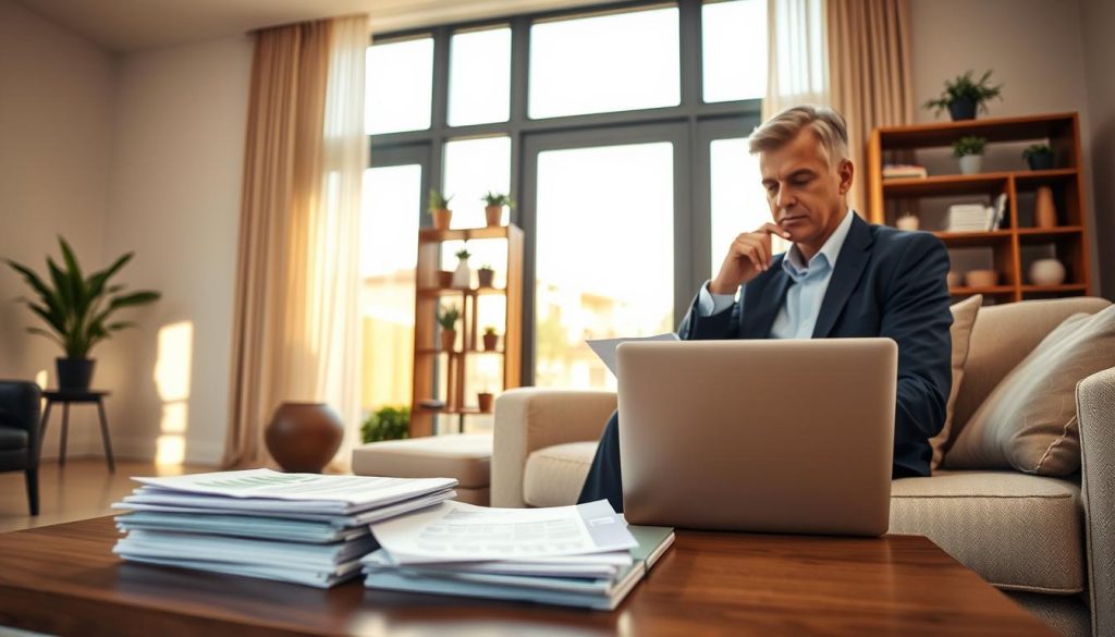 A modern, inviting living room with a coffee table displaying a pile of financial documents and a laptop, symbolizing the deliberation on home equity refinancing options. In the foreground, a middle-aged person dressed in professional attire is thoughtfully reviewing the documents, sitting on a stylish sofa. The middle of the image features a large window allowing warm, natural light to pour in, casting soft shadows across the room, creating a comfortable atmosphere. In the background, a minimalistic bookshelf with potted plants adds a touch of greenery, reflecting a healthy financial mindset. The overall mood is focused and reflective, emphasizing the thoughtful decision-making process regarding the use of funds for home loan refinancing. A modern, inviting living room with a coffee table displaying a pile of financial documents and a laptop, symbolizing the deliberation on home equity refinancing options. In the foreground, a middle-aged person dressed in professional attire is thoughtfully reviewing the documents, sitting on a stylish sofa. The middle of the image features a large window allowing warm, natural light to pour in, casting soft shadows across the room, creating a comfortable atmosphere. In the background, a minimalistic bookshelf with potted plants adds a touch of greenery, reflecting a healthy financial mindset. The overall mood is focused and reflective, emphasizing the thoughtful decision-making process regarding the use of funds for home loan refinancing.