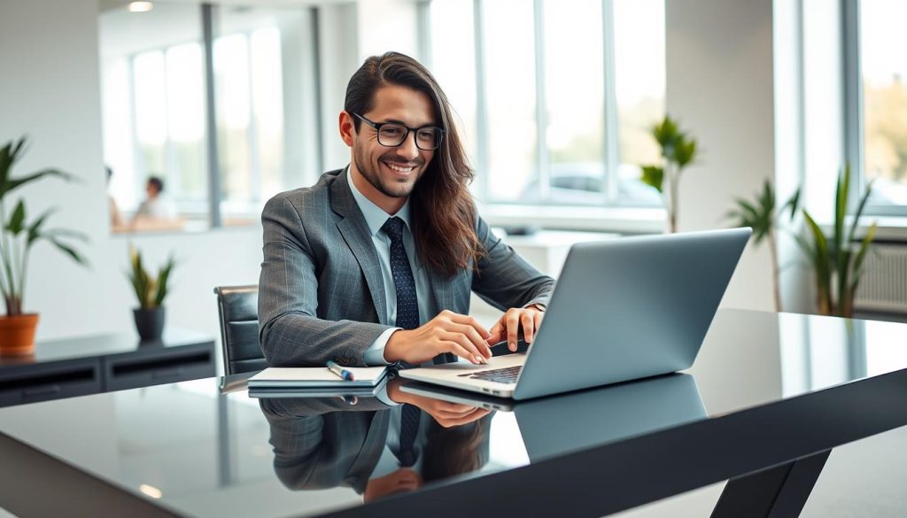 A modern, inviting online loan consultation scene. In the foreground, a well-dressed financial advisor sits at a sleek desk, engaging with a laptop, showing a friendly and approachable demeanor. A notepad and pen are at hand, emphasizing professionalism. The middle ground features a digital display, with soft, glowing visuals representing loan options and financial data. In the background, a bright, minimalist office with large windows allows natural light to filter in, creating a warm and welcoming atmosphere. Subtle plant decorations add a touch of greenery. The mood is calm and reassuring, suggesting a comfortable environment for potential clients to inquire about loans without pressure. A modern, inviting online loan consultation scene. In the foreground, a well-dressed financial advisor sits at a sleek desk, engaging with a laptop, showing a friendly and approachable demeanor. A notepad and pen are at hand, emphasizing professionalism. The middle ground features a digital display, with soft, glowing visuals representing loan options and financial data. In the background, a bright, minimalist office with large windows allows natural light to filter in, creating a warm and welcoming atmosphere. Subtle plant decorations add a touch of greenery. The mood is calm and reassuring, suggesting a comfortable environment for potential clients to inquire about loans without pressure.