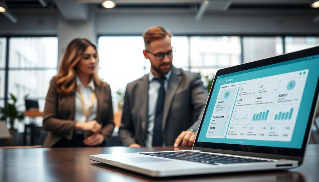 A modern lending platform scene, showcasing a sleek digital interface on a laptop in the foreground. The laptop screen displays a user-friendly loan application process with clear icons and graphs. In the middle, a professional individual, dressed in business attire, is engaged in discussion with a partner, both deeply focused on the laptop’s display. The background reveals a contemporary office space, with large windows letting in soft natural light, creating a warm and inviting atmosphere. The overall mood is professional and optimistic, emphasizing collaboration and innovation in finance. The perspective is from a slightly elevated angle to capture both the laptop screen and the engaged professionals, ensuring clarity and depth in the composition.