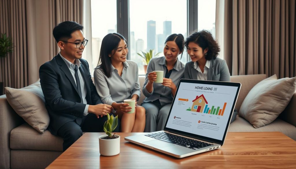 A modern living room featuring a comfortable couch and a sleek coffee table, with a laptop open displaying a financial infographic on home loans (房貸). In the foreground, a diverse group of three professionals, one Asian male in a suit, one Black woman in a smart blouse, and one Caucasian female in casual business attire, collaboratively discussing over coffee. The middle section includes a large window with natural light streaming in, illuminating a houseplant on the windowsill. In the background, a city skyline is visible through the window, symbolizing urban life and financial aspirations. The atmosphere is focused and optimistic, highlighting the impact of home loans on credit card evaluations, with soft, warm lighting creating a welcoming ambiance.