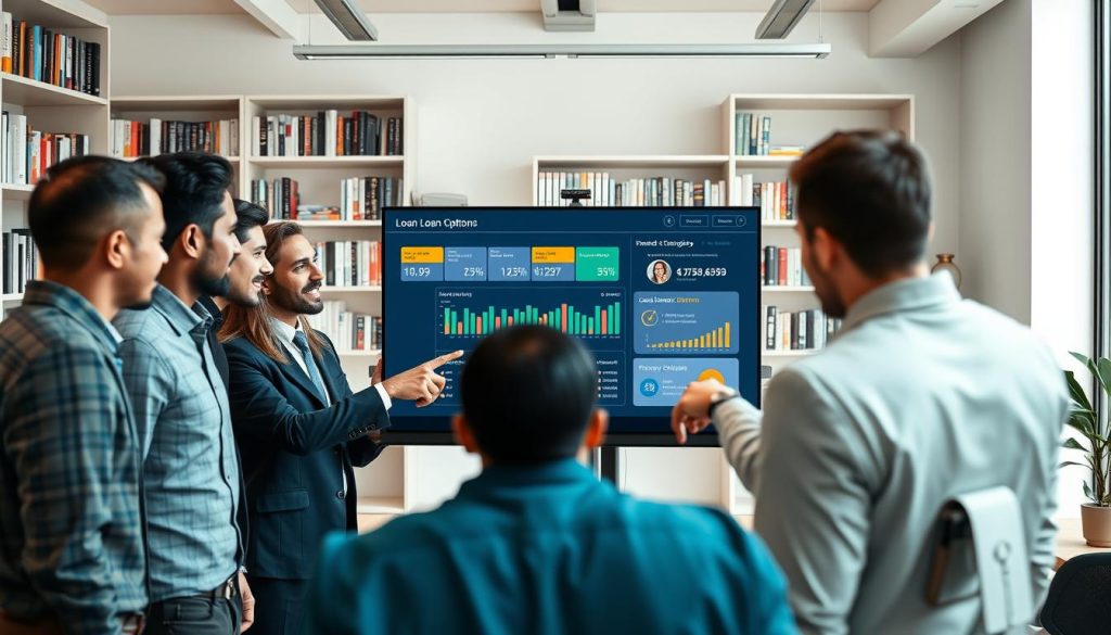 A modern loan matching platform interface displayed on a sleek computer screen in a well-lit office environment. In the foreground, a diverse group of professionals in business attire are engaged in a discussion, pointing at the screen with interest. In the middle ground, a large monitor displays infographics and charts related to loan options, featuring vibrant colors and clear visuals indicating various financial statistics. The background shows bookshelves filled with finance-related literature and a window letting in natural light for a bright atmosphere. The overall mood is collaborative and professional, emphasizing the importance of financial technology in today's market. The angle captures both the individuals and the screen effectively, highlighting the platform's usability. A modern loan matching platform interface displayed on a sleek computer screen in a well-lit office environment. In the foreground, a diverse group of professionals in business attire are engaged in a discussion, pointing at the screen with interest. In the middle ground, a large monitor displays infographics and charts related to loan options, featuring vibrant colors and clear visuals indicating various financial statistics. The background shows bookshelves filled with finance-related literature and a window letting in natural light for a bright atmosphere. The overall mood is collaborative and professional, emphasizing the importance of financial technology in today's market. The angle captures both the individuals and the screen effectively, highlighting the platform's usability.