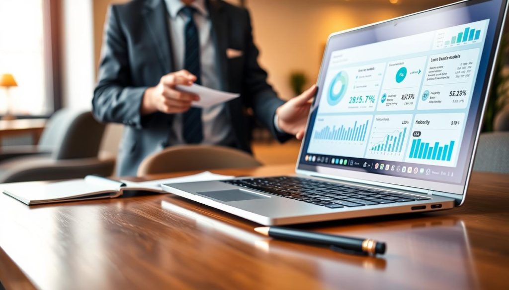 A modern loan platform interface displayed on a sleek laptop, with a professional individual in business attire analyzing financial data on the screen. In the foreground, there are graphical charts and statistics illustrating common business models and revenue sources related to loan platforms. In the middle ground, the laptop is placed on a polished wooden desk, with a notepad and pen nearby, suggesting a workspace atmosphere. The background features a softly blurred office environment with warm lighting, giving a professional and inviting feel. The image should convey a sense of ambition and financial engagement, emphasizing the evolving landscape of loan platforms.
