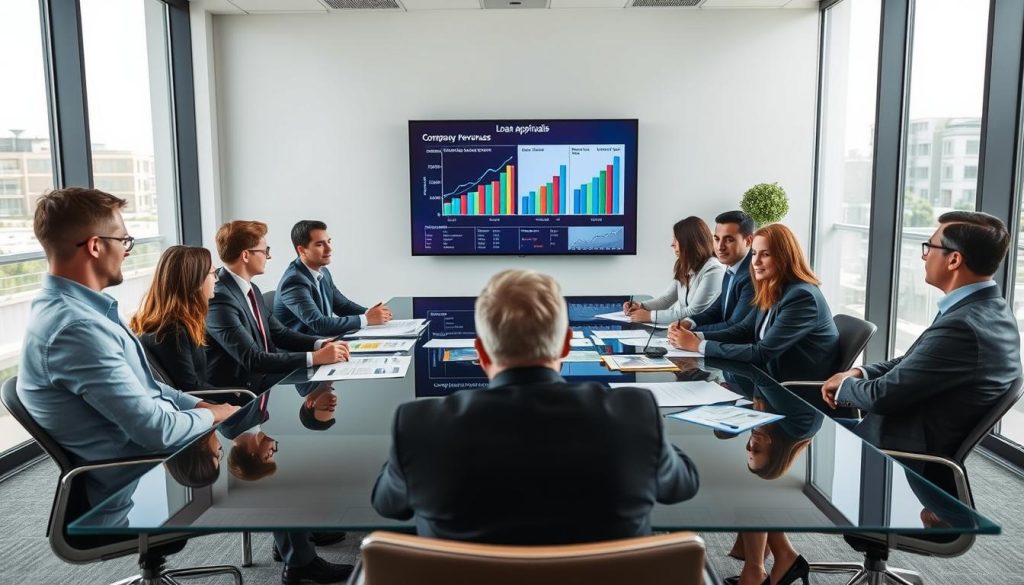 A modern office conference room filled with professional business people discussing loan applications. In the foreground, a diverse group of individuals, dressed in business attire, are seated around a sleek glass table, analyzing financial documents. In the middle, there are charts and graphs displayed on a large screen, illustrating company revenues and different loan types, highlighting their impact on loan approval criteria. In the background, large windows let in soft, natural light, creating a bright and collaborative atmosphere. The overall mood is focused and serious, demonstrating the importance of business turnover in financial decisions. The camera angle is slightly above eye level, capturing the interactions among the participants effectively.