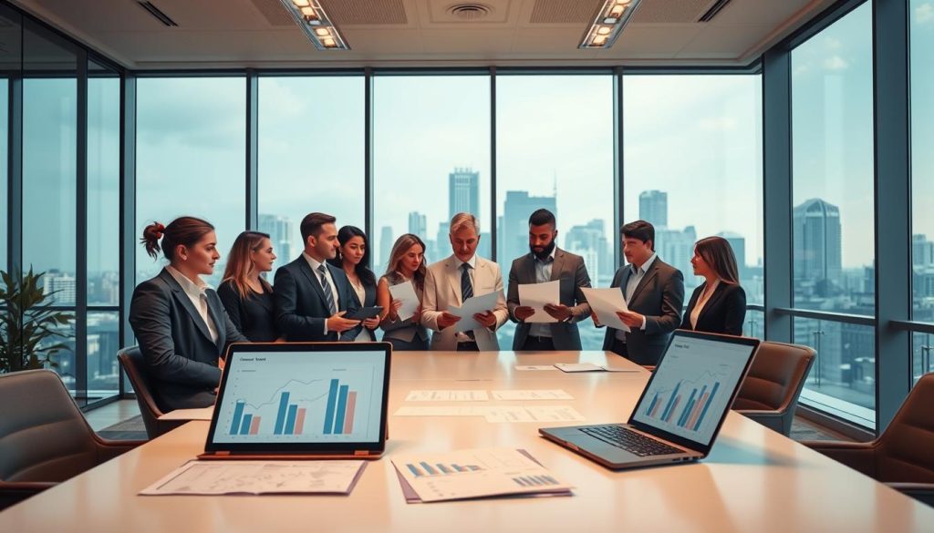A modern office environment filled with natural light, featuring a sleek conference table at the foreground with financial documents and a laptop displaying graphs related to corporate loan assessments. In the middle ground, a diverse group of professionals in business attire – men and women of various ethnicities – are engaged in a discussion, analyzing financial reports and charts. Behind them, large windows reveal a city skyline, adding depth and context. The atmosphere is focused and collaborative, evoking a sense of professionalism and urgency. Soft, warm lighting enhances the scene, creating an inviting yet serious mood, perfect for illustrating corporate finance concepts without distractions. A modern office environment filled with natural light, featuring a sleek conference table at the foreground with financial documents and a laptop displaying graphs related to corporate loan assessments. In the middle ground, a diverse group of professionals in business attire – men and women of various ethnicities – are engaged in a discussion, analyzing financial reports and charts. Behind them, large windows reveal a city skyline, adding depth and context. The atmosphere is focused and collaborative, evoking a sense of professionalism and urgency. Soft, warm lighting enhances the scene, creating an inviting yet serious mood, perfect for illustrating corporate finance concepts without distractions.