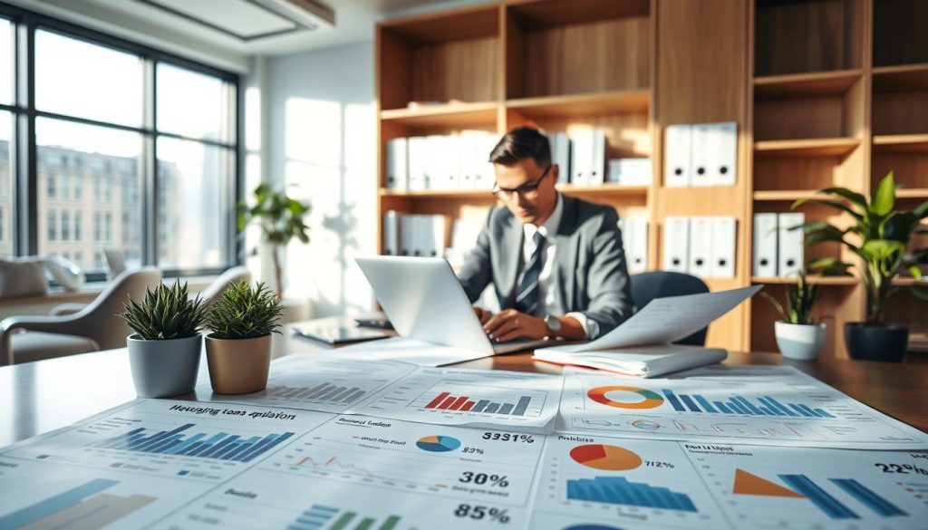 A modern office environment focused on a banking professional reviewing housing loan applications. In the foreground, a neatly arranged desk covered with charts and graphs illustrating key indicators for mortgage approval, such as credit scores, debt-to-income ratios, and employment history. A focused bank officer in professional attire is seen analyzing documents and using a laptop, surrounded by a few potted plants for a touch of warmth. The middle ground features shelves filled with financial reports and industry books. The background shows a large window with natural light streaming in, casting soft shadows, creating a calm and professional atmosphere. The overall mood conveys diligence and expertise in financial assessments. A modern office environment focused on a banking professional reviewing housing loan applications. In the foreground, a neatly arranged desk covered with charts and graphs illustrating key indicators for mortgage approval, such as credit scores, debt-to-income ratios, and employment history. A focused bank officer in professional attire is seen analyzing documents and using a laptop, surrounded by a few potted plants for a touch of warmth. The middle ground features shelves filled with financial reports and industry books. The background shows a large window with natural light streaming in, casting soft shadows, creating a calm and professional atmosphere. The overall mood conveys diligence and expertise in financial assessments.