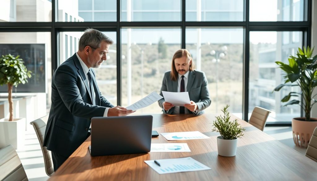 A modern office environment showcasing a professional financial advisor interacting with a client over a large wooden desk. In the foreground, the advisor, dressed in a tailored business suit, is explaining a document while the client, in business casual attire, attentively reviews the materials. The middle ground features a laptop, financial charts, and a small potted plant, indicating a focus on business solutions. In the background, there are high glass windows allowing natural light to flood the room, creating a bright and inviting atmosphere. The overall mood is collaborative and focused, emphasizing informed decision-making in the context of banking services.