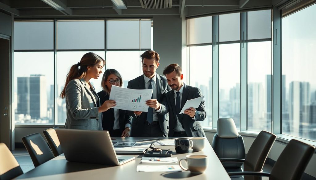 A modern office environment showcasing a professional service business. In the foreground, a diverse group of three individuals in business attire discusses a financial document, reflecting teamwork, with focused expressions. The middle layer features a sleek conference table with a laptop, charts, and coffee cups, symbolizing productivity. The background includes large windows revealing a city skyline, bathed in natural daylight, creating a bright and optimistic atmosphere. Soft shadows are cast across the room, enhancing depth. The mood is collaborative and professional, with an emphasis on stability and growth in the service industry, particularly targeting businesses with steady client bases and contract income.