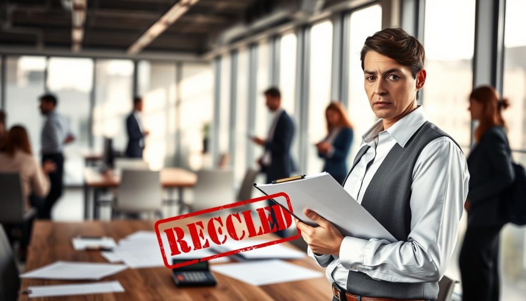 A modern office environment showcasing a serious conversation about loan usage misrepresentation. In the foreground, a concerned business professional dressed in formal attire, holding a clipboard with documents, displaying a worried expression. In the middle, a desk cluttered with loan application papers, a calculator, and a rejected loan stamp. The background features blurred silhouettes of office workers engaged in discussions, emphasizing the importance of transparency in financial dealings. Soft, natural lighting floods the room, creating a tense atmosphere of urgency and seriousness. The camera angle is slightly from above to capture both the foreground details and the busy office environment, reflecting the risks and consequences of false information in loan applications. A modern office environment showcasing a serious conversation about loan usage misrepresentation. In the foreground, a concerned business professional dressed in formal attire, holding a clipboard with documents, displaying a worried expression. In the middle, a desk cluttered with loan application papers, a calculator, and a rejected loan stamp. The background features blurred silhouettes of office workers engaged in discussions, emphasizing the importance of transparency in financial dealings. Soft, natural lighting floods the room, creating a tense atmosphere of urgency and seriousness. The camera angle is slightly from above to capture both the foreground details and the busy office environment, reflecting the risks and consequences of false information in loan applications.