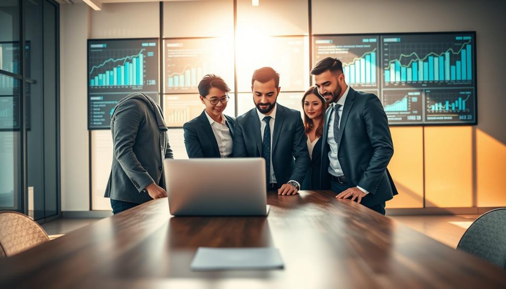 A modern office environment showcasing a "代辦平台" concept. In the foreground, a diverse group of three professionals, two men and one woman, are engaged in a discussion over a laptop placed on a sleek wooden table, dressed in smart business attire. The middle layer features a large window allowing warm, natural sunlight to flood the room, casting soft shadows on the polished floor. Behind them, a wall adorned with digital displays of graphs and charts illustrating business growth and success. The atmosphere is dynamic and collaborative, evoking a sense of innovation and problem-solving. The perspective is slightly angled to capture both the professionals’ expressions and the engaging workspace around them.