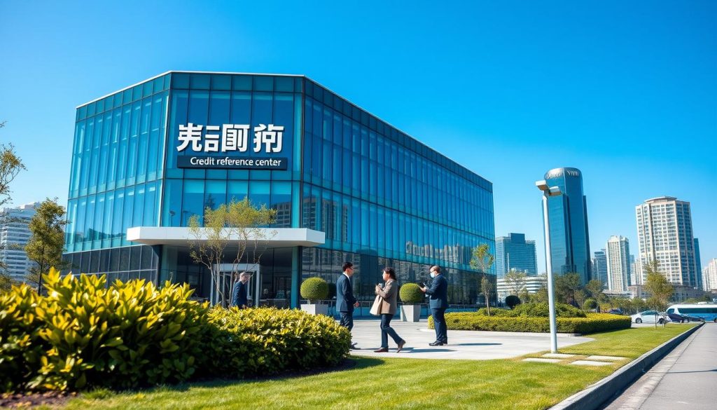 A modern office environment showcasing the "聯徵中心" (Credit Reference Center). In the foreground, highlight a sleek, glass-fronted office building labeled with "聯徵中心," surrounded by well-manicured landscaping. In the middle ground, include business professionals in smart attire discussing loan documents, symbolizing the exchange of banking information. The background features a clear blue sky and cityscape, emphasizing an urban setting. Use natural daylight to create a bright, inviting atmosphere, casting soft shadows around the building. The angle should be slightly elevated, offering a perspective that captures the hustle of financial activities. Aim for a professional and informative mood, reflecting the importance of credit record management in banking.