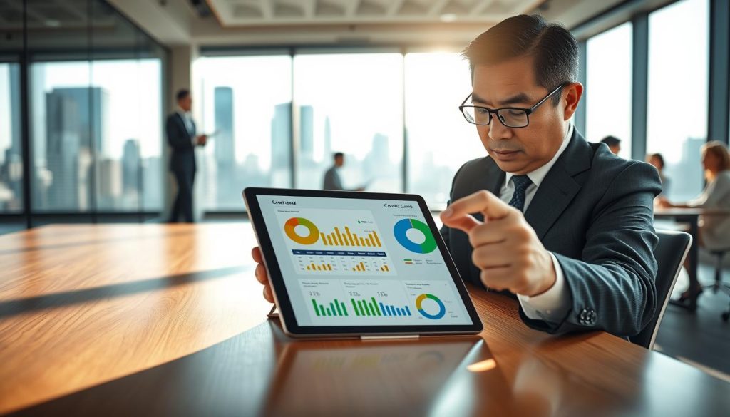 A modern office environment with a focus on a professional banker reviewing a detailed credit score report on a digital tablet. In the foreground, the banker, a middle-aged Asian man in business attire, is intently analyzing the colorful graphs and metrics on the screen, his expression thoughtful and focused. In the middle ground, a large window reveals a city skyline with bright daylight streaming in, casting natural light across the sleek, wooden desk. In the background, a blurred view of colleagues engaged in discussions showcases a collaborative atmosphere. The overall mood is serious yet optimistic, emphasizing the importance of credit scoring in loan approval processes. Soft shadows create depth, and the composition emphasizes clarity and professionalism.