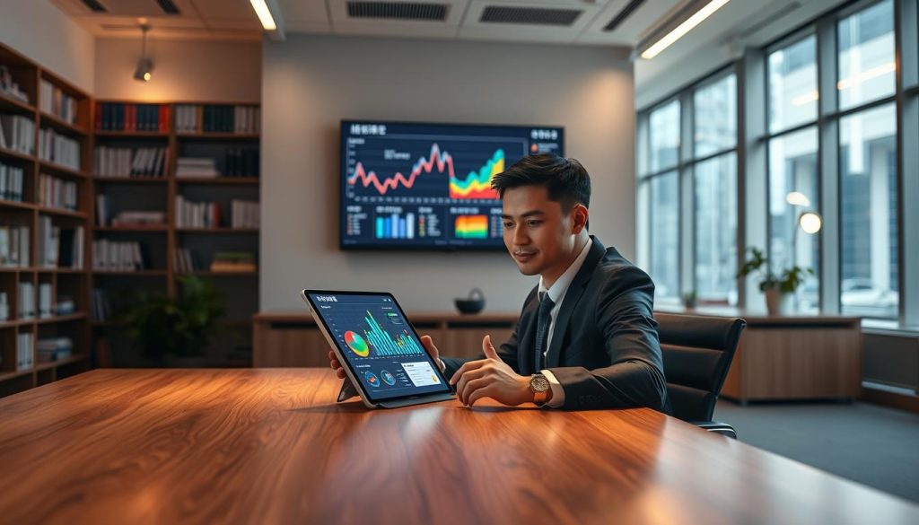 A modern office environment with a focus on a sleek, wooden desk illuminated by soft, warm lighting. In the foreground, a professional-looking individual, dressed in smart business attire, is sitting at the desk, intently reviewing a digital tablet displaying a simulated interface of "查詢紀錄欄位" that features vivid, colorful charts and data. The middle section showcases a wall-mounted screen with graphs and historical data trends related to inquiry records. In the background, the office has shelves filled with books and a subtle view of a bustling cityscape through large windows, infusing the scene with a sense of professionalism and activity. Create a mood of diligence and focus, emphasizing the importance of tracking personal inquiry history.