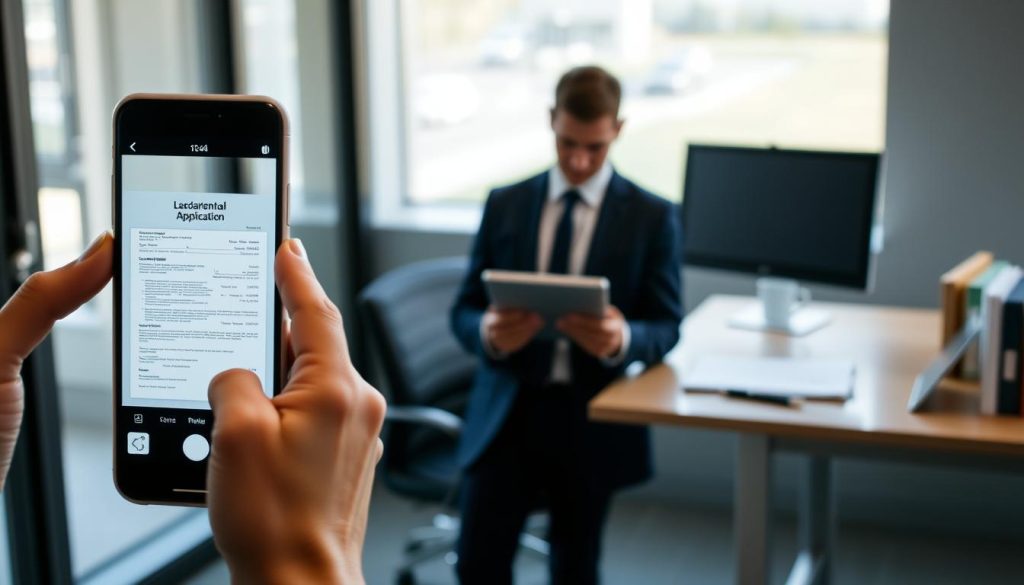 A modern office environment with a focus on document upload and image recognition technology. In the foreground, a smartphone captures a high-quality image of a loan application form, illuminated by soft, natural light filtering through a nearby window. The phone screen displays a clear preview of the scanned document, highlighting image recognition software features. In the middle ground, a professional in smart business attire is intently analyzing the document with a tablet in their hand, showcasing practical application techniques for mobile photography. The background features a sleek desk with a laptop and financial files, conveying a productive atmosphere. The overall mood is focused and efficient, emphasizing the future of digital loan processing. A modern office environment with a focus on document upload and image recognition technology. In the foreground, a smartphone captures a high-quality image of a loan application form, illuminated by soft, natural light filtering through a nearby window. The phone screen displays a clear preview of the scanned document, highlighting image recognition software features. In the middle ground, a professional in smart business attire is intently analyzing the document with a tablet in their hand, showcasing practical application techniques for mobile photography. The background features a sleek desk with a laptop and financial files, conveying a productive atmosphere. The overall mood is focused and efficient, emphasizing the future of digital loan processing.