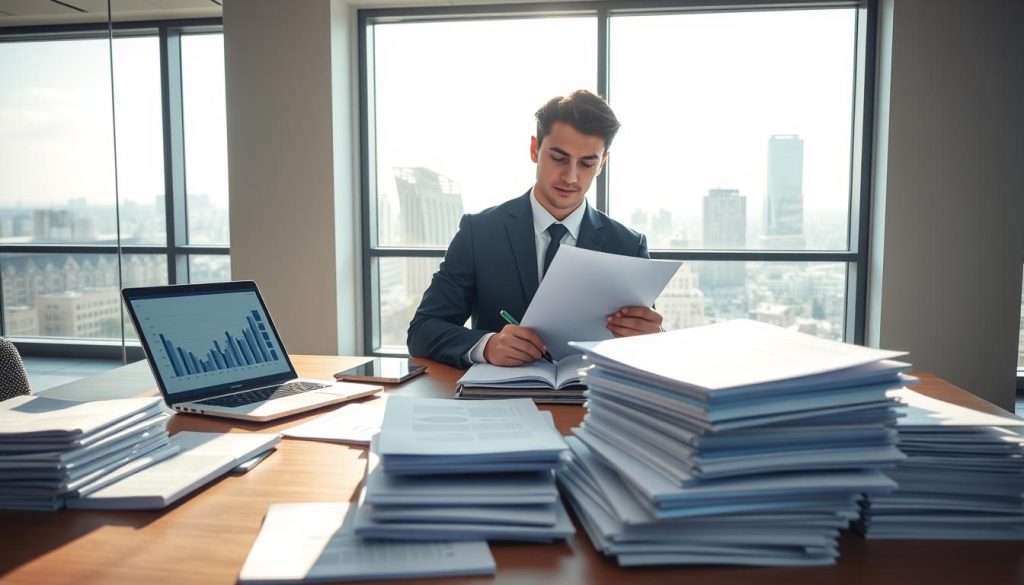 A modern office environment with a sleek wooden desk in the foreground, cluttered with stacks of organized loan documents and a laptop displaying graphs and financial data. In the middle, a thoughtful young professional in business attire is reviewing paperwork and making notes, reflecting concentration and diligence. Behind, a large window with natural light flooding in, showcasing a city skyline. Soft shadows create depth, enhancing the professionalism of the scene. The atmosphere is focused and serene, with a sense of responsibility and attention to detail in the air. All elements emphasize the importance of managing loan documentation carefully over time.