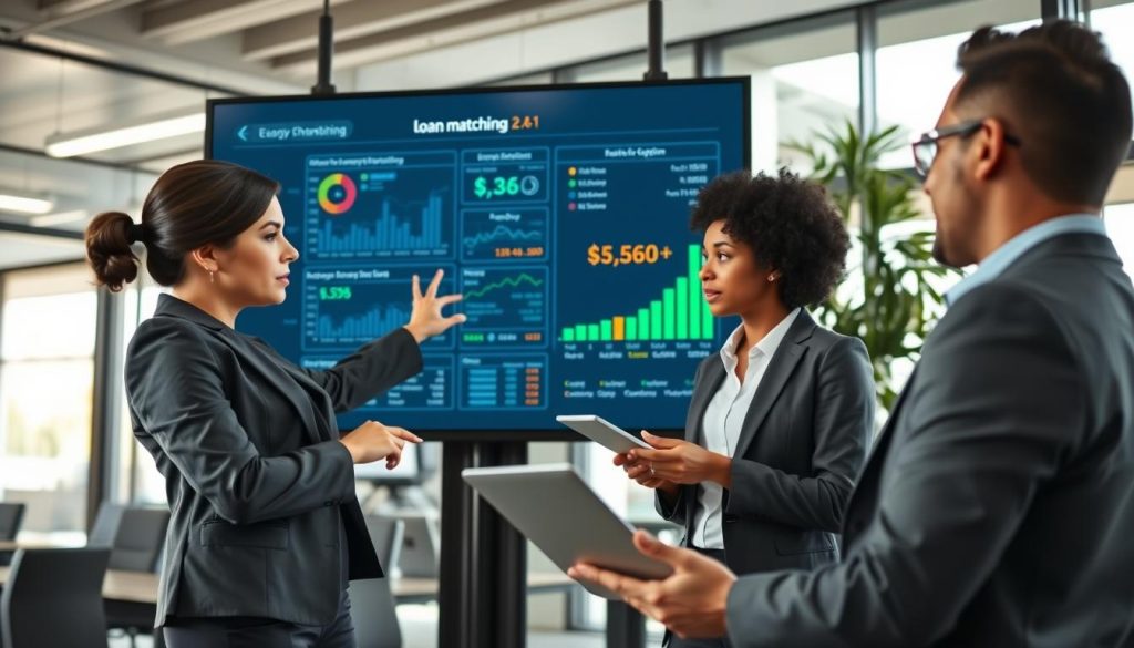 A modern office scene depicting a loan matching process, with a diverse group of three professionals engaged in discussion around a large digital screen displaying data analytics and flowcharts. The foreground shows a focused woman in a smart business suit, pointing to financial graphs, while a man in casual yet professional attire takes notes. In the middle ground, another colleague types on a laptop, contributing to the conversation. The background features a sleek office environment with large windows, letting in natural light, creating a bright and optimistic atmosphere. The lens captures a slightly elevated angle, emphasizing the collaborative spirit and teamwork involved in the loan matching service. A modern office scene depicting a loan matching process, with a diverse group of three professionals engaged in discussion around a large digital screen displaying data analytics and flowcharts. The foreground shows a focused woman in a smart business suit, pointing to financial graphs, while a man in casual yet professional attire takes notes. In the middle ground, another colleague types on a laptop, contributing to the conversation. The background features a sleek office environment with large windows, letting in natural light, creating a bright and optimistic atmosphere. The lens captures a slightly elevated angle, emphasizing the collaborative spirit and teamwork involved in the loan matching service.