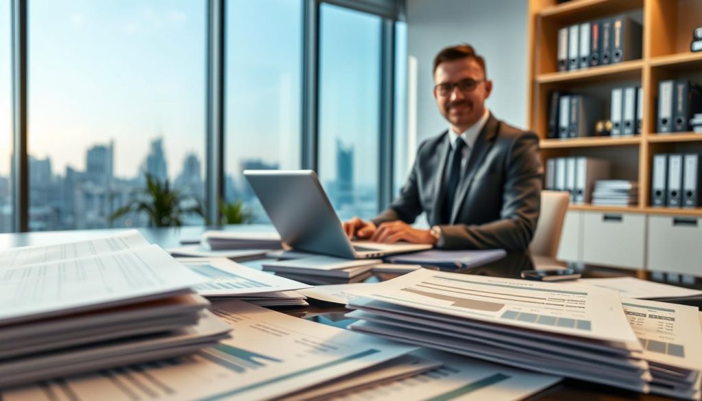A modern office scene depicting a representative from a credit information center, dressed in professional business attire, seated at a sleek desk filled with documents and a laptop. The foreground features close-up details of paper files organized neatly, with charts and graphs representing credit scores. In the middle ground, there's a large window allowing soft natural light to illuminate the workspace, creating a warm atmosphere. The background includes shelves lined with industry-related books and a subtle city skyline visible through the window. The overall mood conveys professionalism and clarity, emphasizing the important role of the credit information center in managing financial data without distractions or clutter.