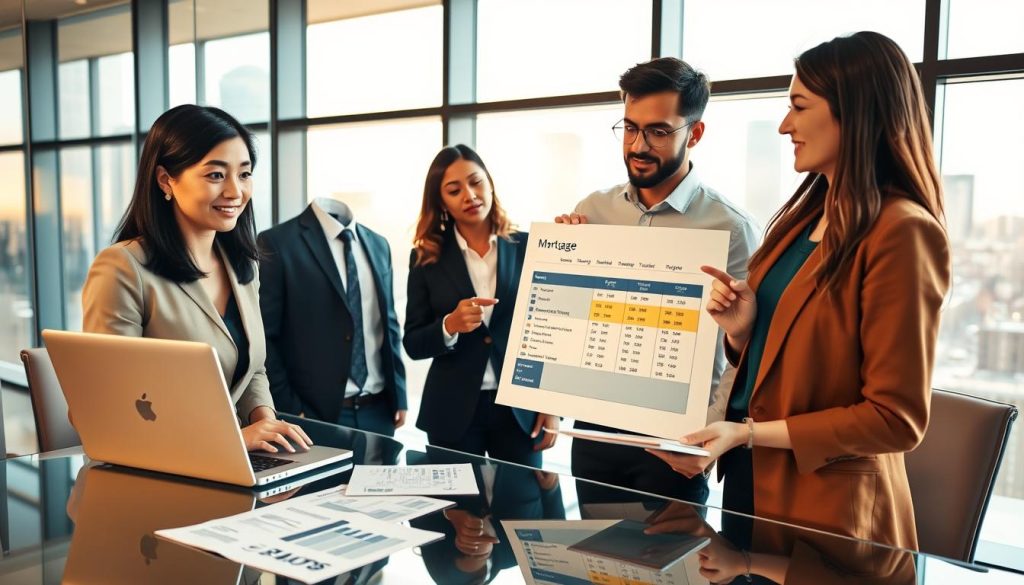 A modern office setting depicting a group of diverse professionals engaged in discussing mortgage options. In the foreground, a smartly dressed middle-aged Asian woman uses a laptop to compare different mortgage plans displayed on the screen. Beside her, a young Hispanic man points at a colorful chart illustrating loan terms and interest rates, while a Caucasian woman takes notes on a notepad. The middle ground features a glass conference table with financial documents scattered across it. In the background, large windows reveal a bustling cityscape bathed in warm, natural light, creating an upbeat and productive atmosphere. The scene is captured with a slight overhead angle, giving a clear view of the interaction while maintaining a professional, business-oriented mood. A modern office setting depicting a group of diverse professionals engaged in discussing mortgage options. In the foreground, a smartly dressed middle-aged Asian woman uses a laptop to compare different mortgage plans displayed on the screen. Beside her, a young Hispanic man points at a colorful chart illustrating loan terms and interest rates, while a Caucasian woman takes notes on a notepad. The middle ground features a glass conference table with financial documents scattered across it. In the background, large windows reveal a bustling cityscape bathed in warm, natural light, creating an upbeat and productive atmosphere. The scene is captured with a slight overhead angle, giving a clear view of the interaction while maintaining a professional, business-oriented mood.