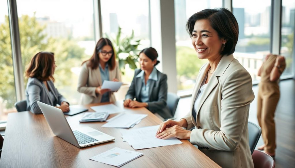 A modern office setting, featuring a confident business professional, a middle-aged Asian woman in a smart blazer, engaged in a discussion with a diverse group of colleagues. In the foreground, a sleek wooden conference table displays various financial documents and a laptop, suggesting ongoing discussions about unsecured business loans. The middle ground shows the team animatedly exchanging ideas, while the background showcases a bright, airy office with large windows, greenery outside, and a cityscape view. Soft natural light filters in, creating a positive, collaborative atmosphere. The focus is on teamwork and open dialogue, with an emphasis on professionalism and innovation in financial solutions, conveying the message of accessibility in business loans without collateral.
