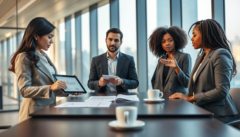 A modern office setting featuring a diverse group of professionals engaged in a discussion about a "代辦平台." In the foreground, a well-dressed Asian woman is pointing at a digital tablet displaying financial data. Beside her, a Caucasian man in a tailored suit is taking notes, while an African American woman gestures thoughtfully. In the middle ground, a sleek conference table holds printed documents and coffee cups, conveying a serious yet collaborative atmosphere. The background reveals large windows with city views and soft, natural light filtering in, adding a professional and inviting mood. The lens captures a slight depth of field, emphasizing the interaction among the team while subtly blurring the cityscape outside.