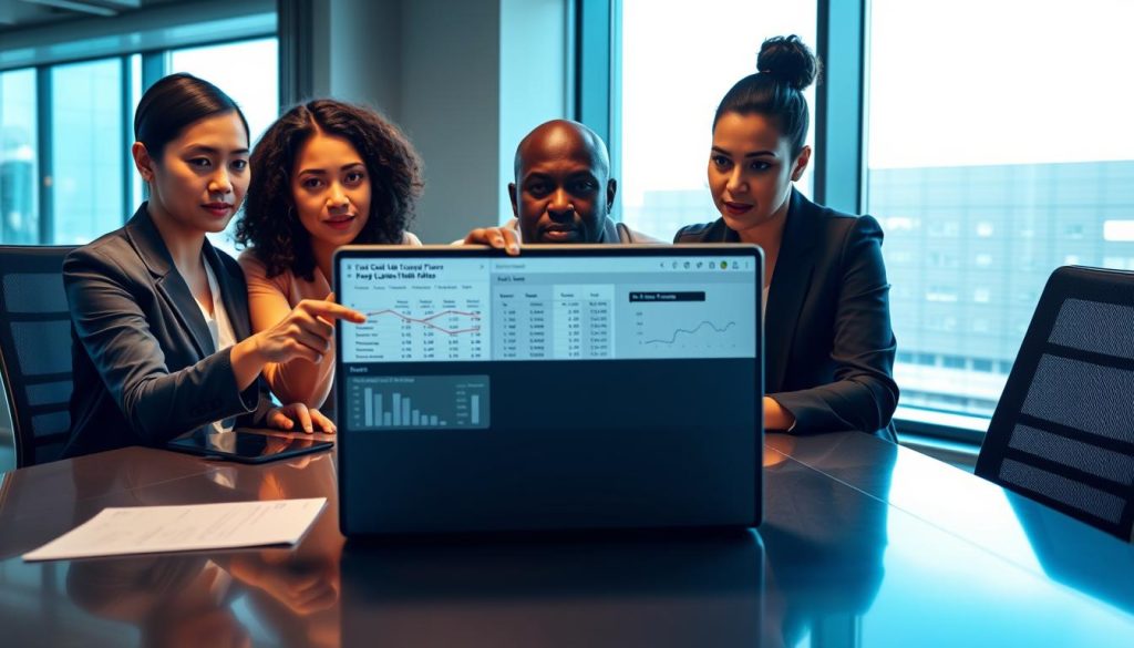 A modern office setting, featuring a diverse group of three professionals—one Asian woman, one Black man, and one Hispanic woman—sitting around a sleek conference table, pointing at a digital screen displaying graphs and loan data forms. In the foreground, a laptop with open loan applications reveals confusing data entries. The middle ground shows the engaged expressions of the professionals as they discuss the implications of the data errors. The background includes a large window with bright natural light illuminating the space, emphasizing a serious yet collaborative atmosphere. The lighting is warm and inviting, evoking a sense of urgency and importance about financial literacy. Overall, the composition should be balanced and focused on the interaction, without any text or distractions.