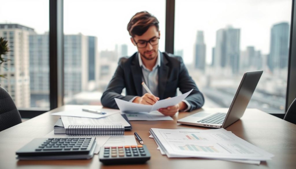 A modern office setting featuring an organized workspace. In the foreground, a neatly arranged desk displays essential loan application documents, including forms, a calculator, and a laptop open with financial charts. The middle ground shows a focused business professional in smart casual attire, reviewing the documents with a pen in hand, exuding confidence and concentration. In the background, large windows let in soft, natural light, creating an inviting and productive atmosphere. The scene should convey a sense of preparedness and professionalism, emphasizing the importance of having all paperwork in order before applying for a small business loan. A blurred city skyline can be seen through the windows, adding depth and context to the business environment.