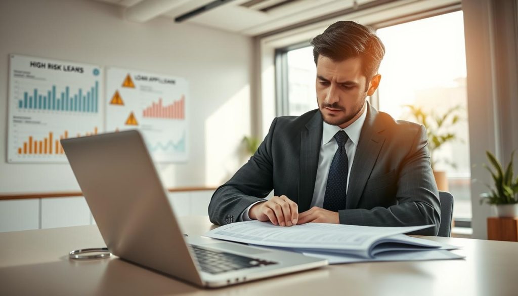 A modern office setting focused on a high-stakes loan platform, featuring a stylish desk with a laptop displaying numerical data and loan applications. In the foreground, a confident business professional in business attire analyzes financial documents, their expression serious and contemplative. The middle ground showcases several financial charts and graphs on the wall, illustrating trends and warning signs associated with high-risk lenders. In the background, large windows allow natural light to flood the space, adding a bright and professional atmosphere. The scene captures a mood of caution and critical evaluation, with soft, diffused lighting enhancing the professional ambiance. The perspective is slightly angled as if looking over the shoulder of the professional, emphasizing their focus on identifying potential risks.