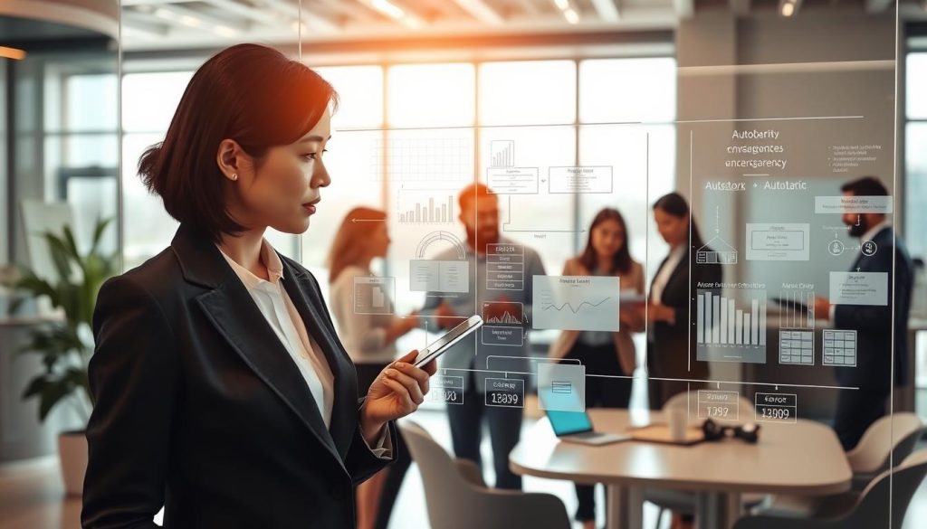 A modern office setting illustrating the concept of "process transparency" in auto loan services. In the foreground, a well-dressed professional—an Asian woman in a smart business suit—examines a transparent glass board filled with flowcharts and metrics related to auto loan processes. In the middle ground, a collaborative atmosphere with diverse team members discussing charts on tablets and laptops, emphasizing clarity and accountability. The background features a large window with natural light flooding the room, creating a bright and inviting environment. The overall mood is one of professionalism and openness, with a hint of innovation, reflected in the sleek design of the office. The lighting is warm and inviting, enhancing the sense of transparency and trust.