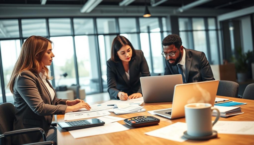 A modern office setting showcasing a professional business meeting about mortgage applications. In the foreground, a diverse group of three individuals (two women and one man) in smart business attire, engaged in discussion over mortgage documents and a laptop. The middle layer features a large table scattered with financial papers, a calculator, and a steaming cup of coffee, emphasizing a focused atmosphere. The background reveals a bright office space with large windows, allowing natural light to fill the room, enhancing a feeling of transparency and optimism. The overall mood is serious yet collaborative, reflecting the intricate relationship between existing loans and mortgage applications, conveyed through soft lighting and a slightly blurred background to emphasize the subjects' engagement. A modern office setting showcasing a professional business meeting about mortgage applications. In the foreground, a diverse group of three individuals (two women and one man) in smart business attire, engaged in discussion over mortgage documents and a laptop. The middle layer features a large table scattered with financial papers, a calculator, and a steaming cup of coffee, emphasizing a focused atmosphere. The background reveals a bright office space with large windows, allowing natural light to fill the room, enhancing a feeling of transparency and optimism. The overall mood is serious yet collaborative, reflecting the intricate relationship between existing loans and mortgage applications, conveyed through soft lighting and a slightly blurred background to emphasize the subjects' engagement.