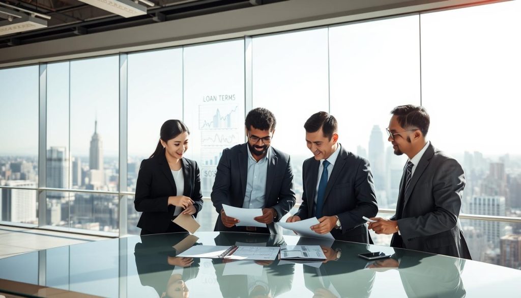 A modern office setting showcasing the concept of "revolving credit loans". In the foreground, a diverse group of three professionals: a Taiwanese woman in business attire, a Black man wearing a smart casual outfit, and an Asian man in a tailored suit, discussing financial documents over a sleek glass table. The middle ground features a large whiteboard with financial graphs and loan terms sketched in an organized manner. The background displays a panoramic view of a bustling city skyline through large windows, with natural sunlight streaming in, creating a bright and productive atmosphere. The image should convey a sense of collaboration and professionalism while emphasizing the modern business environment. Use soft, even lighting to enhance clarity and foster a calm, engaging mood. A modern office setting showcasing the concept of "revolving credit loans". In the foreground, a diverse group of three professionals: a Taiwanese woman in business attire, a Black man wearing a smart casual outfit, and an Asian man in a tailored suit, discussing financial documents over a sleek glass table. The middle ground features a large whiteboard with financial graphs and loan terms sketched in an organized manner. The background displays a panoramic view of a bustling city skyline through large windows, with natural sunlight streaming in, creating a bright and productive atmosphere. The image should convey a sense of collaboration and professionalism while emphasizing the modern business environment. Use soft, even lighting to enhance clarity and foster a calm, engaging mood.