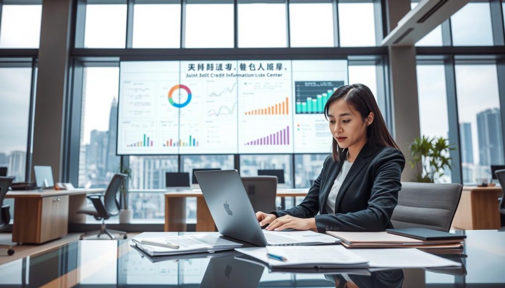A modern office setting showcasing the "聯徵中心" (Joint Credit Information Center) in Taiwan. In the foreground, a professional-looking female bank officer in business attire sits at a desk, analyzing documents and data on a laptop, with her expression focused and diligent. In the middle ground, a large wall display shows graphs and charts related to credit data management, reflecting a high-tech environment. The background features large windows with a view of the Taipei skyline, letting in natural light that creates a bright and open atmosphere. The angle is slightly from above, emphasizing the busy nature of the workspace. The mood is professional and efficient, highlighting the importance of financial data assessment in credit applications.