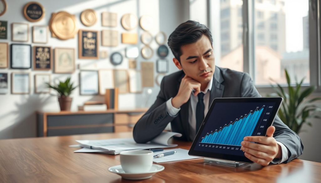 A modern office setting with a focus on a digital device displaying a graph showing "聯徵查詢次數" (number of credit inquiries). In the foreground, a professional-looking person in business attire, thoughtfully analyzing the data on a sleek tablet, with an expression of contemplation. In the middle ground, a stylish desk adorned with financial documents and a cup of coffee, creating a working atmosphere. The background features a wall of accolades and certifications, hinting at expertise in finance or credit management. Natural light pours in through a large window, casting soft shadows and creating a calm yet focused ambiance. The overall mood is serious and informative, emphasizing the importance of understanding credit inquiries and their impact.