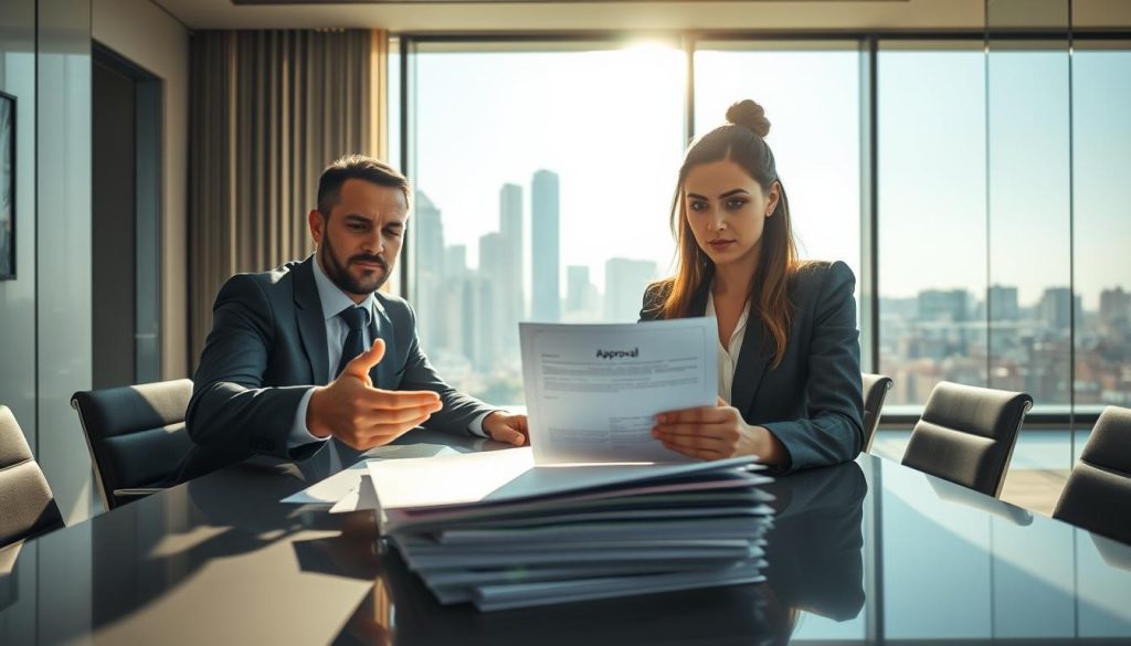 A modern office setting with a professional-looking man and woman discussing financial documents at a sleek conference table. In the foreground, the man gestures toward a stack of papers, symbolizing loan applications. The woman has a pensive expression, looking at a document labeled "Approval" but clearly contemplating its implications. In the middle ground, a large window reveals a city skyline, hinting at a bustling economy outside. Bright, natural light streams in, casting a warm glow over the scene and creating a hopeful yet reflective mood. The overall atmosphere balances professionalism with a hint of skepticism, emphasizing the misconceptions surrounding loan approvals in the financial market. The image should be captured from a slight angle, showcasing both expressions and surroundings.