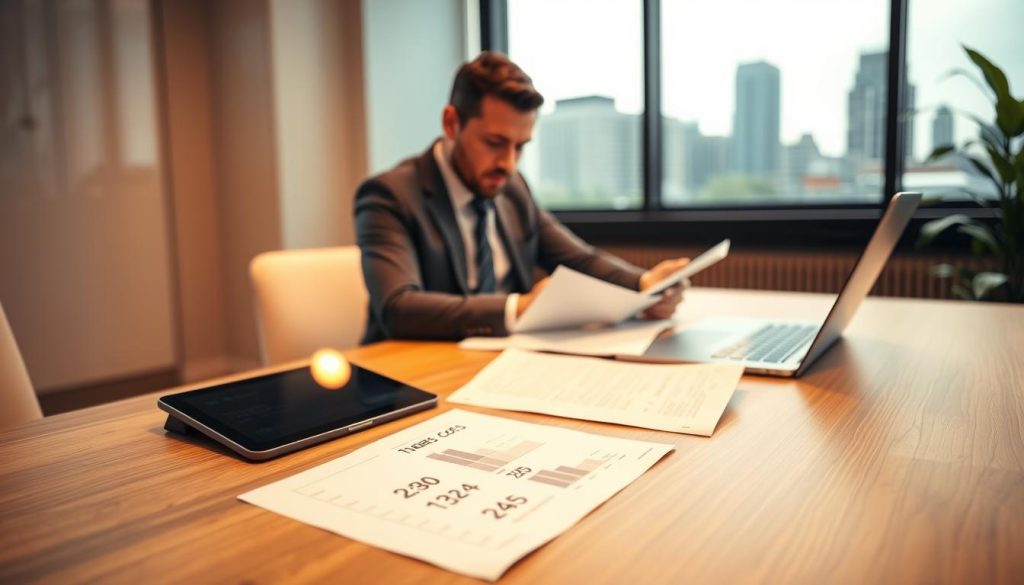 A modern office space focused on loan costs. In the foreground, a sleek wooden desk with a digital tablet and open financial documents, emphasizing calculations and interest rates illustrated on the screen. In the middle ground, a focused professional in business attire, reviewing figures and analyzing data with a serious expression. Soft ambient lighting creates a warm yellow glow, highlighting the workspace. In the background, a large window showcases a cityscape, symbolizing the financial world outside, with soft-focus greenery blurred to enhance the idea of growth. The mood is serious yet hopeful, conveying diligence and professionalism in the personal loan process. The angle showcases the desk from a slightly elevated view to capture all elements effectively. A modern office space focused on loan costs. In the foreground, a sleek wooden desk with a digital tablet and open financial documents, emphasizing calculations and interest rates illustrated on the screen. In the middle ground, a focused professional in business attire, reviewing figures and analyzing data with a serious expression. Soft ambient lighting creates a warm yellow glow, highlighting the workspace. In the background, a large window showcases a cityscape, symbolizing the financial world outside, with soft-focus greenery blurred to enhance the idea of growth. The mood is serious yet hopeful, conveying diligence and professionalism in the personal loan process. The angle showcases the desk from a slightly elevated view to capture all elements effectively.