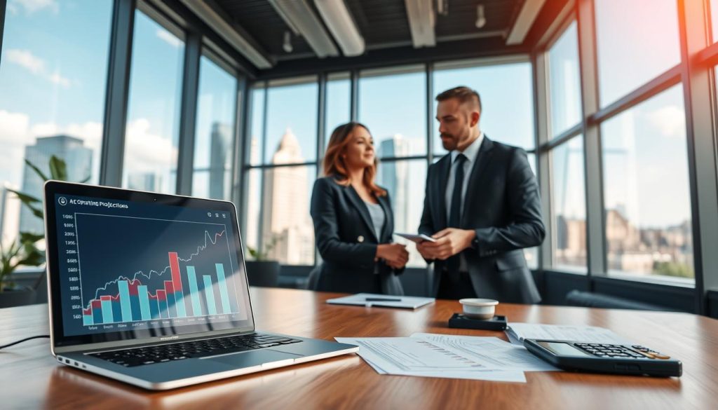 A modern office space with a focus on stability and productivity, featuring a male and female business professional discussing financial charts and cash flow projections over a sleek wooden desk. The foreground shows a laptop displaying graphs with rising trends, symbolizing stable cash flow, alongside financial documents and a calculator. In the middle, the professionals are engaged in conversation, dressed in smart business attire, showcasing a collaborative atmosphere. In the background, large windows offer a view of a busy cityscape with a clear blue sky, hinting at economic vitality. Soft, natural light pours in, creating a warm and inviting atmosphere, ideal for showcasing the importance of stable operating records and cash flow tracking. Focused composition at eye level, emphasizing professionalism and teamwork.