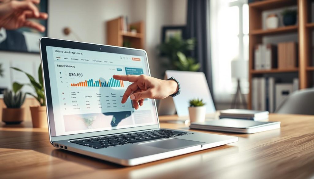 A modern online lending platform depicted in a sleek, user-friendly interface on a laptop screen, situated on a well-organized office desk. In the foreground, emphasize the laptop displaying a vibrant dashboard with graphs and loan options. The middle layer shows a hand of a professional in business attire navigating the interface, symbolizing decision-making. In the background, softly blurred elements such as potted plants and bookshelves create a warm, inviting office atmosphere. Natural sunlight streams through a nearby window, casting gentle shadows and enhancing the professional mood. The overall tone is optimistic and focused, reflecting the theme of securing business loans through technology.